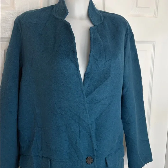 ZARA TEAL BLUE WOOL BLEND LONGLINE HAND-MADE 1 BUTTON CLOSURE DRESS COAT SZ MED - Picture 7 of 12